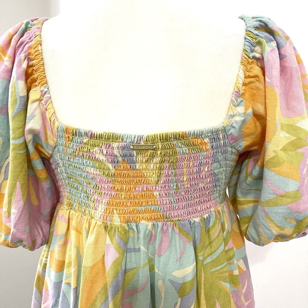 Billabong Be Mine Mini Dress Womens Medium Cotton Viscose Pastel Puff Sleeve - Picture 6 of 14